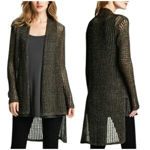 Eileen Fisher black brown metallic sparkle open knit tunic cardigan M